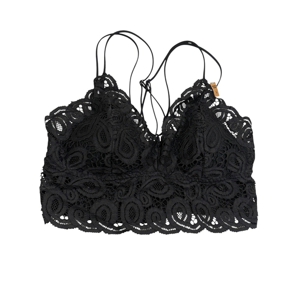 Victorias Secret PINK Black Lace Bralette Multi-Strap Smocked Back Large NWOT